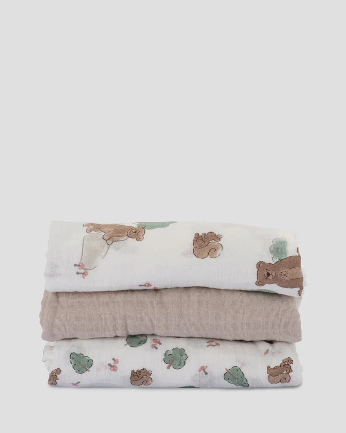 Little Linen Baby Muslin Wraps 3 Pack - Bushland Bear