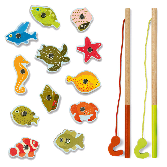 Djeco Wooden Magnetic 12 Piece Tropical Fishing Game