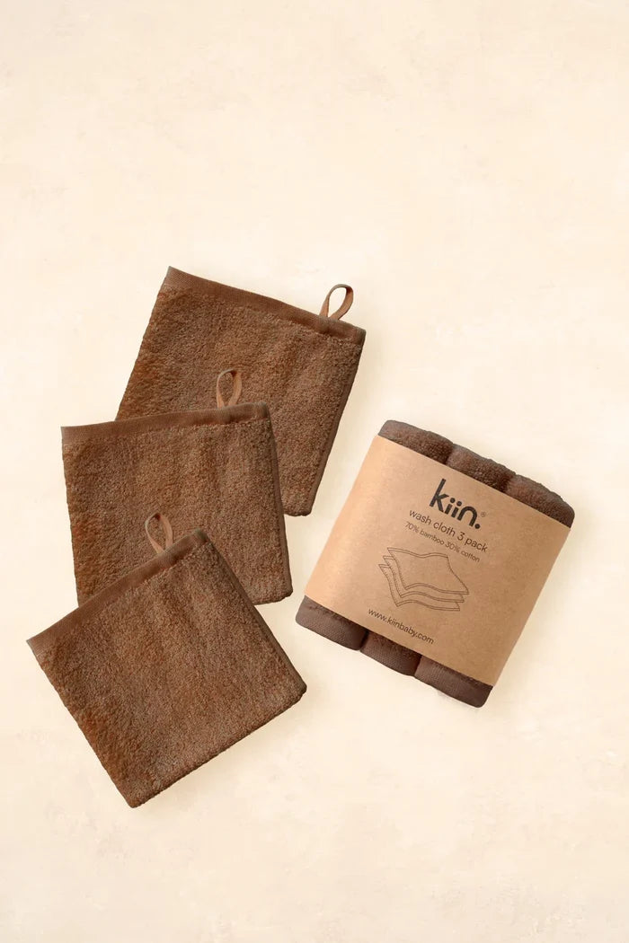 Kiin Bamboo Cotton Wash Cloth 3 Pack - Chocolate