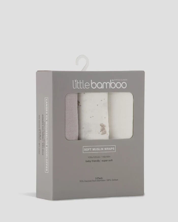 Little Bamboo Baby Muslin Wraps 3 Pack - Stone Grey