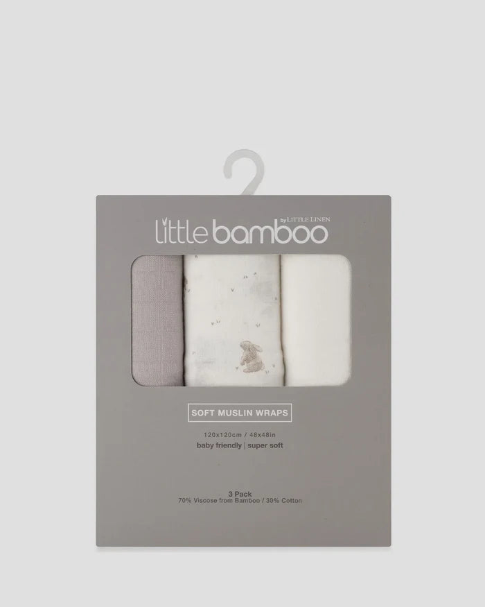 Little Bamboo Baby Muslin Wraps 3 Pack - Stone Grey