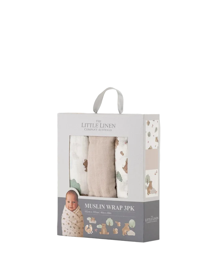 Little Linen Baby Muslin Wraps 3 Pack - Bushland Bear