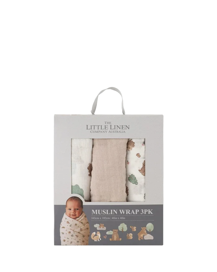 Little Linen Baby Muslin Wraps 3 Pack - Bushland Bear