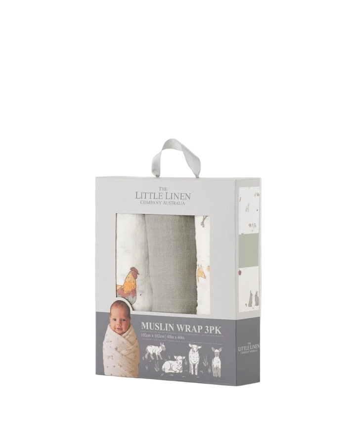 Little Linen Baby Muslin Wraps 3 Pack - Farmyard Lamb