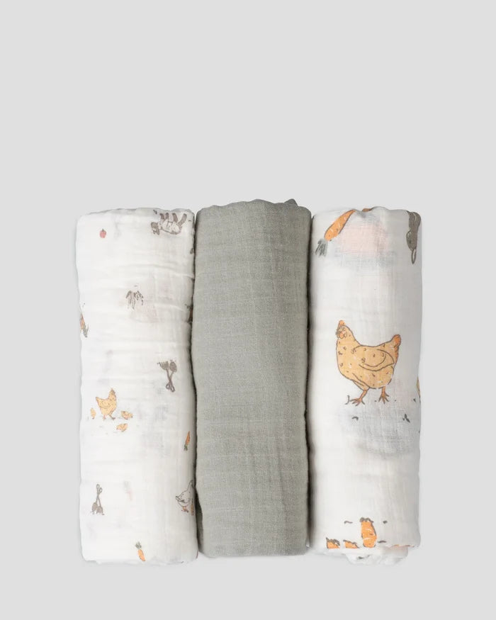 Little Linen Baby Muslin Wraps 3 Pack - Farmyard Lamb