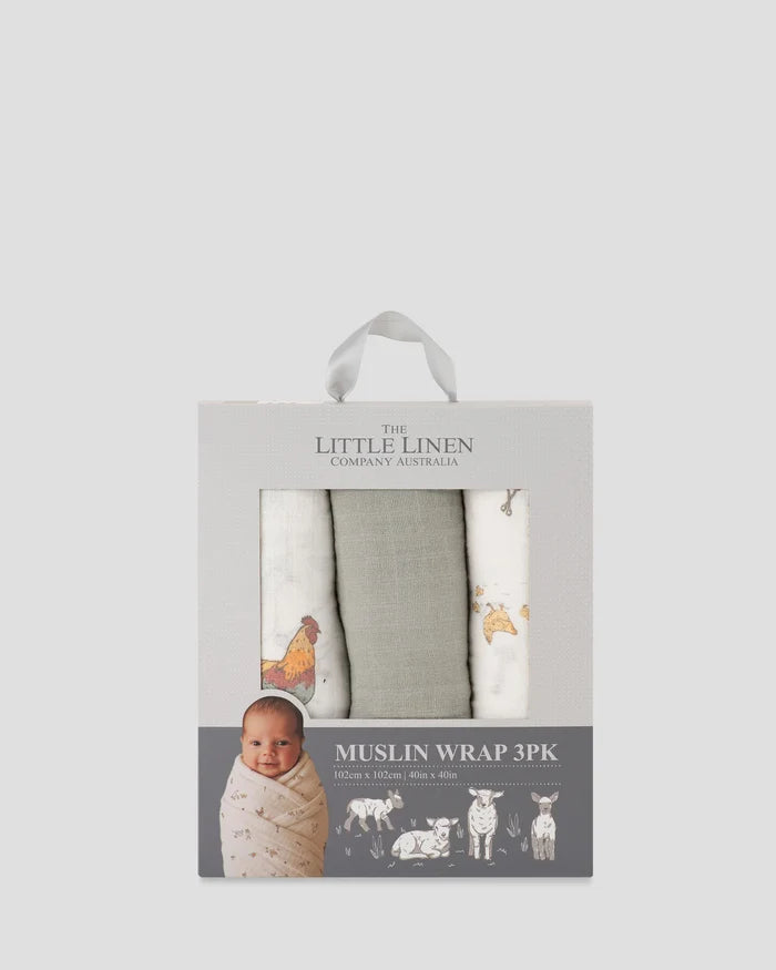 Little Linen Baby Muslin Wraps 3 Pack - Farmyard Lamb