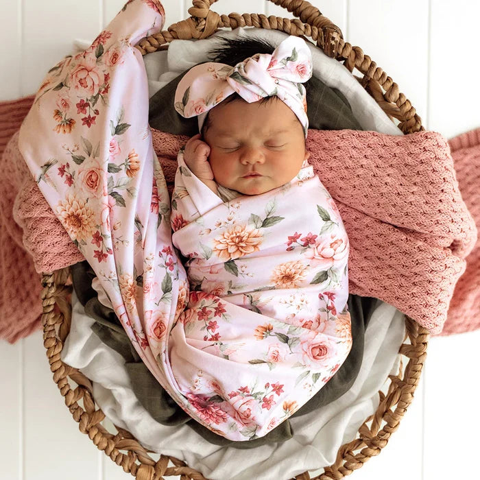 Snuggle Hunny Baby Jersey Wrap & Topknot Set - Birds & Blooms