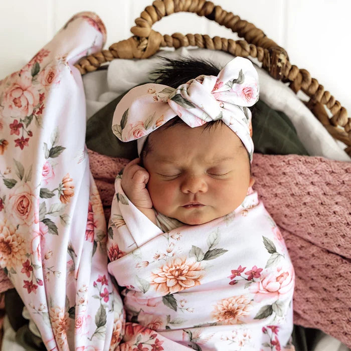 Snuggle Hunny Baby Jersey Wrap & Topknot Set - Birds & Blooms