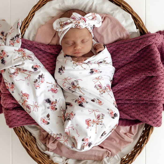 Snuggle Hunny Baby Jersey Wrap & Topknot Set - Carousel