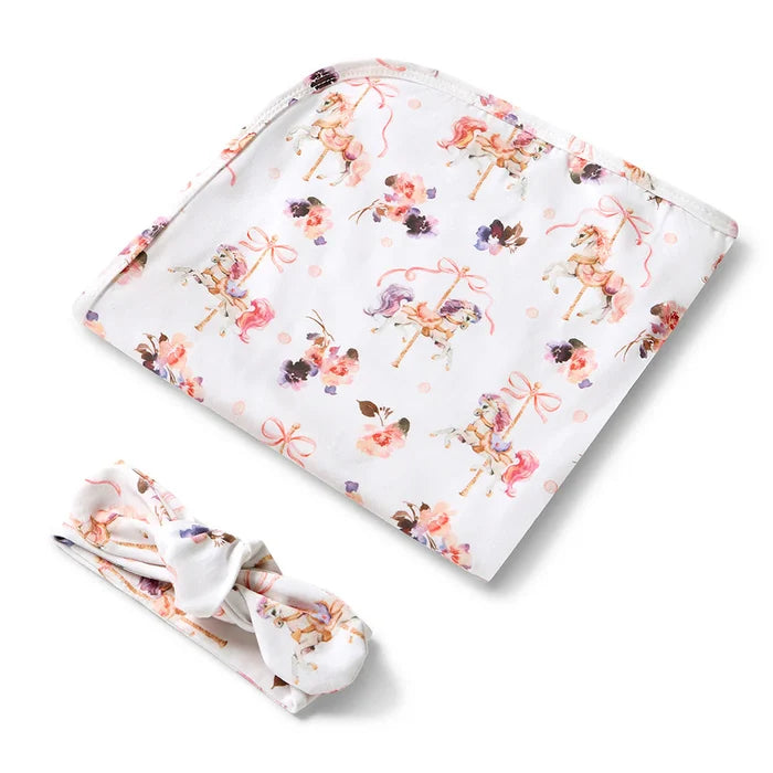 Snuggle Hunny Baby Jersey Wrap & Topknot Set - Carousel
