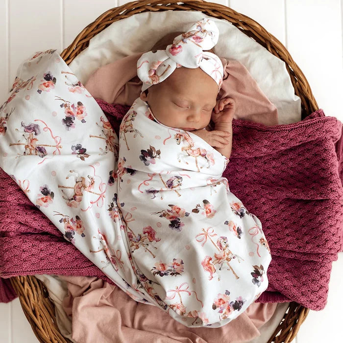 Snuggle Hunny Baby Jersey Wrap & Topknot Set - Carousel