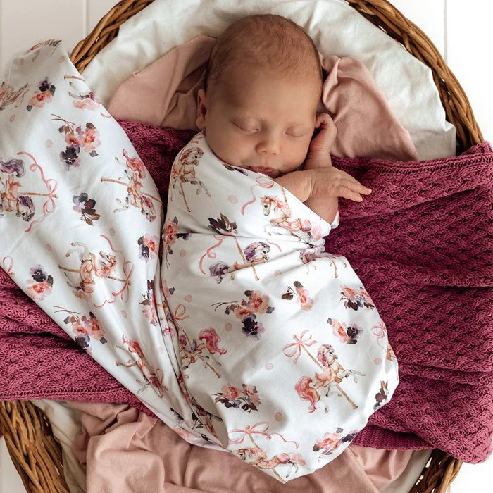 Snuggle Hunny Baby Jersey Wrap & Topknot Set - Carousel