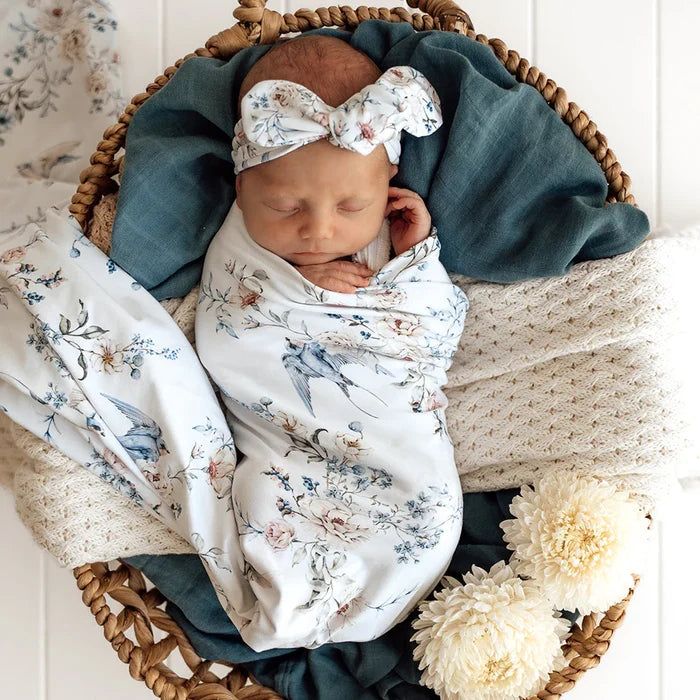 Snuggle Hunny Baby Jersey Wrap & Topknot Set - Sweet Swallows