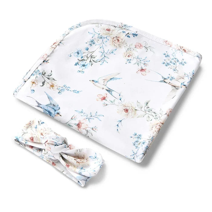 Snuggle Hunny Baby Jersey Wrap & Topknot Set - Sweet Swallows