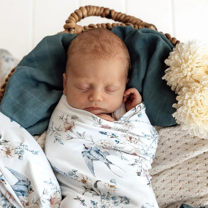 Snuggle Hunny Baby Jersey Wrap & Topknot Set - Sweet Swallows