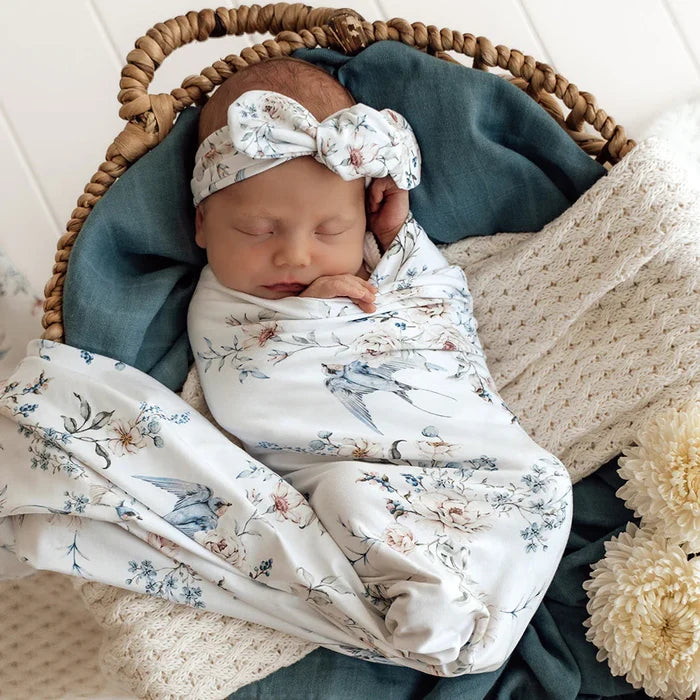 Snuggle Hunny Baby Jersey Wrap & Topknot Set - Sweet Swallows